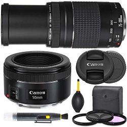 Canon EF 50mm f1.8 STM (0570C002) + Canon EF 75-300mm III (6473A003) Combo Lens Bundle + AOM Starter Kit - international Version (1 Year AOM Warranty)