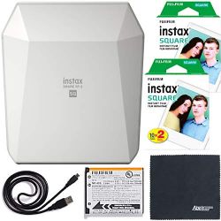 Fujifilm instax Share Smartphone Printer SP-3 (White - 16558085) + Fujifilm instax Square Twin Pack instant Film (40 Shots) + AOM Microfiber Cloth Bundle Kit